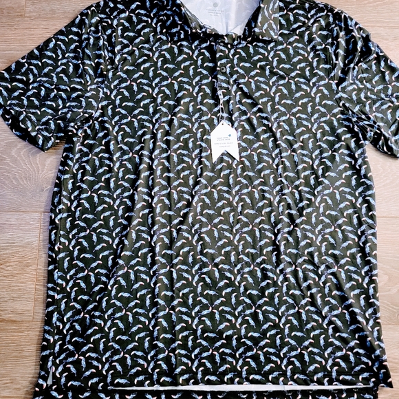 1764 Mens Golf Polo Performance Toucan Bird Theme Black XXL 2XL Button - Picture 2 of 4